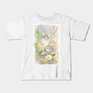 Black and White Cat in the Flower Garden Kids T-Shirt